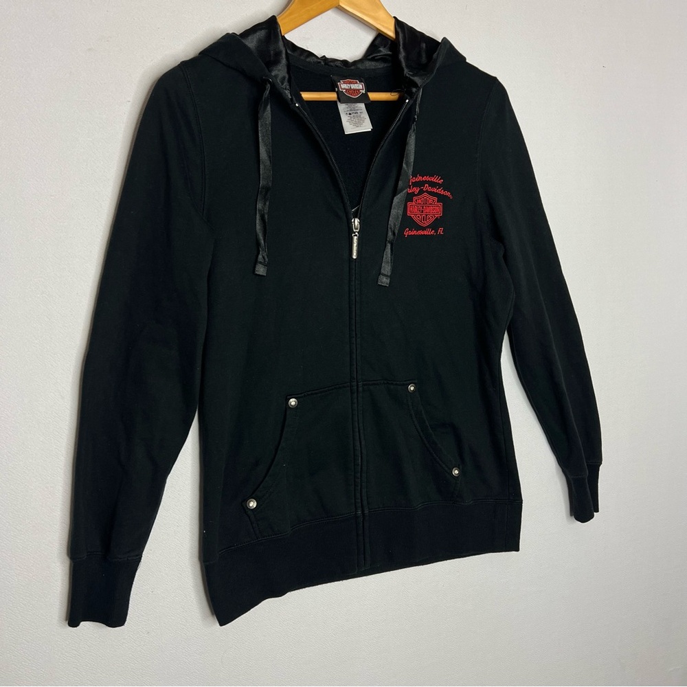 Harley Davidson Women’s Black Red Biker Sparkle Fleece Hoodie Sweater Size M - Picture 3 of 11